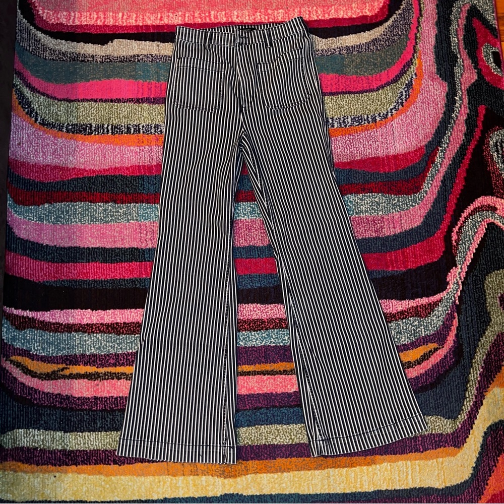 Blue and white stripped high rise bell bottom jeans